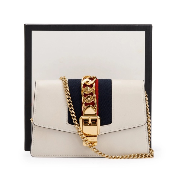 Gucci Handbags - White Calfskin Leather Web Super Mini Sylvie Chain Shoulder Bag w/ Box
